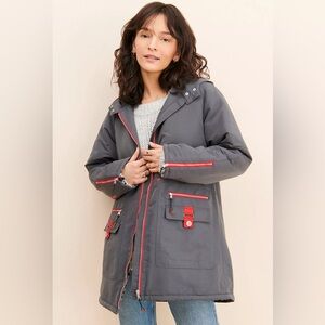 Maeve Gray and Red Utility Long Anorak Cheetah Lined Winter Coat Jacket NWOT